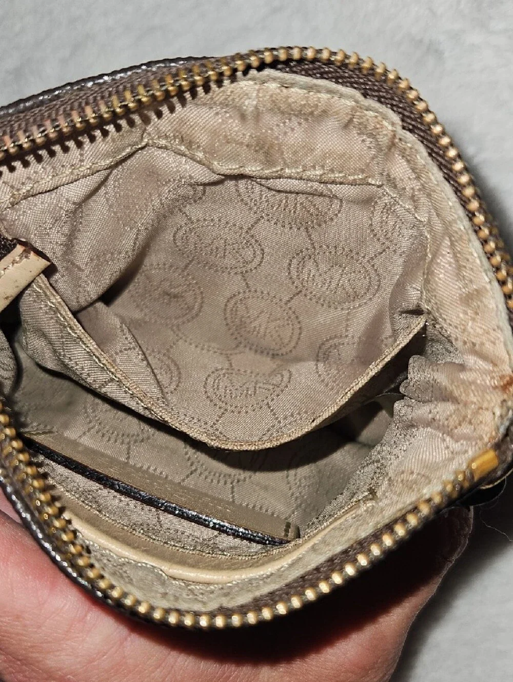 Michael Kors Dark Brown Signature Wristlet with Beige Strap